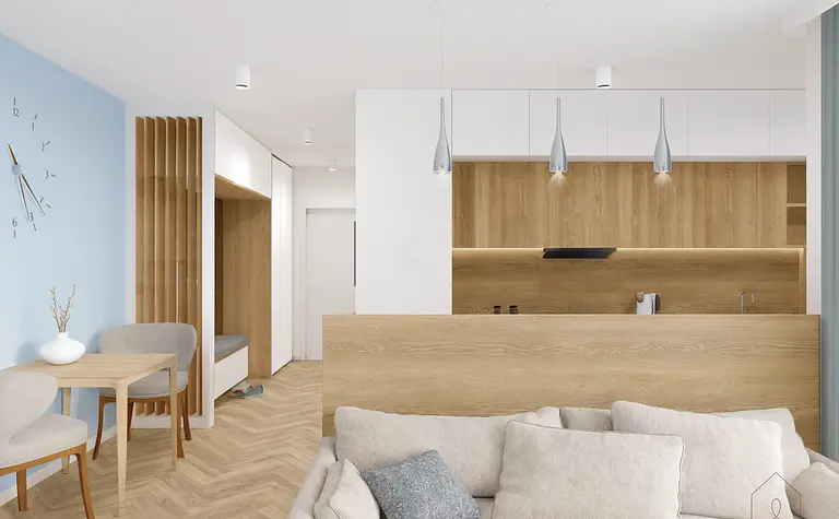 Wnętrze nowoczesnej kuchni z drewnianymi meblami i minimalistycznym wykończeniem.