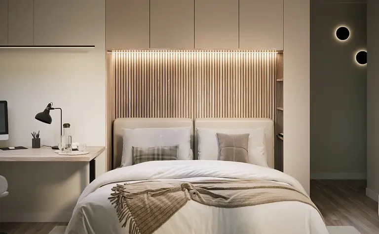 Sypialnia w stylu minimalistycznym, nowoczesna z jasnym łóżkiem i biurkiem.