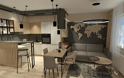 Wnętrze kuchni z drewnianymi meblami i szarym blatem, projekt eklektyczny i nowoczesny.