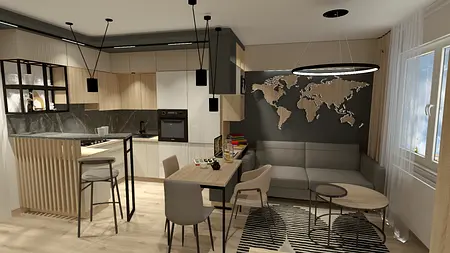 Wnętrze kuchni z drewnianymi meblami i szarym blatem, projekt eklektyczny i nowoczesny.