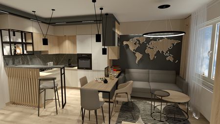Wnętrze kuchni z drewnianymi meblami i szarym blatem, projekt eklektyczny i nowoczesny.
