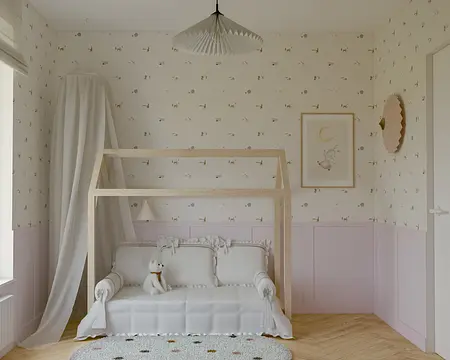 Pokój dziecięcy w stylu eklektycznym, japandi, minimalistycznym z drewnianym łóżkiem.