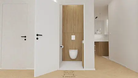 Wnętrze toalety w stylu japandi i minimalistycznym z drewnem.