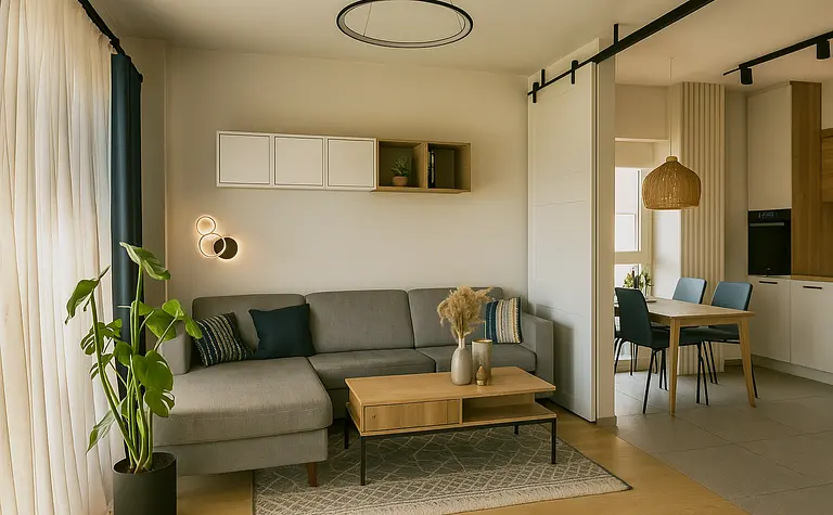 Wnętrze salonu w stylu skandynawskim z szarym narożnikiem, drewnianym stołem i rośliną.