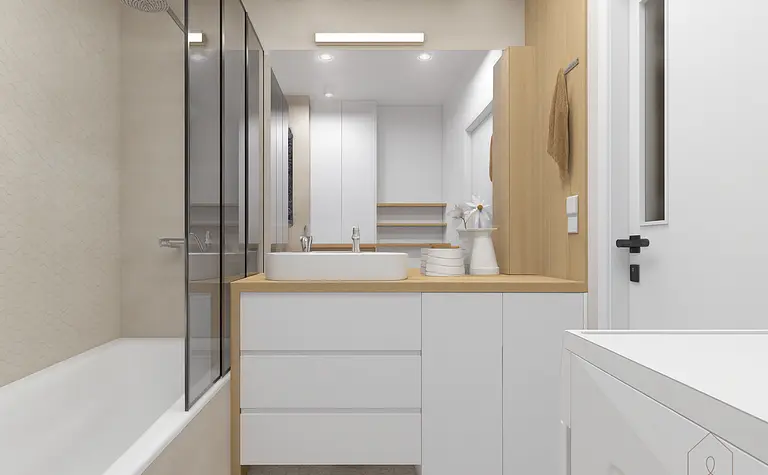 Nowoczesna łazienka z prysznicem, wanną i minimalistycznymi meblami.