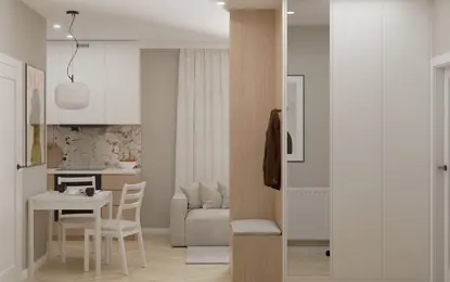 Wnętrze kuchni z białymi meblami i drewnianymi akcentami, minimalistyczny projekt.