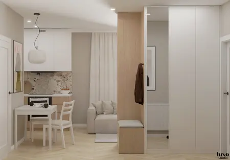 Wnętrze kuchni z białymi meblami i drewnianymi akcentami, minimalistyczny projekt.