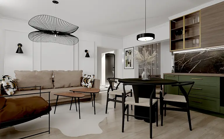 Wnętrze salonu w stylu art deco z beżową sofą i zielonymi meblami.