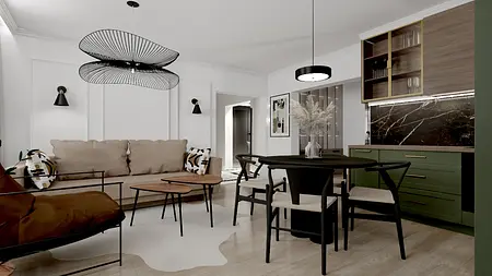Wnętrze salonu w stylu art deco z beżową sofą i zielonymi meblami.