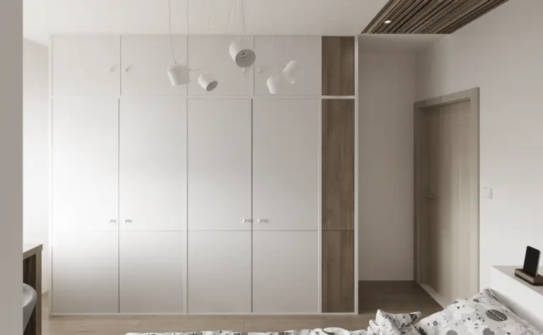Garderoba w stylach industrialnym, japandi i minimalistycznym z białymi meblami.