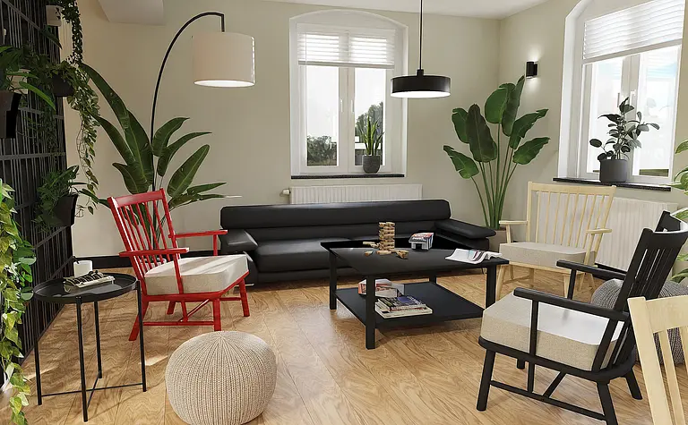 Wnętrze salonu z roślinami, czarną sofą i czerwonym fotelem, styl boho i skandynawski.