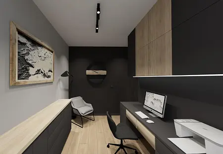Wnętrze gabinetu z industrialnym i minimalistycznym stylem, z drewnianymi meblami.