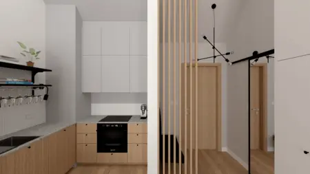 Wnętrze kuchni w stylu industrialnym, minimalistycznym i skandynawskim z drewnianymi i szarymi elementami.