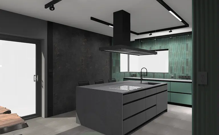 Wnętrze kuchni z ciemnymi meblami i zielonymi ścianami, nowoczesny design.