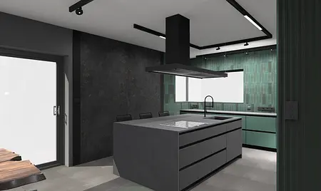 Wnętrze kuchni z ciemnymi meblami i zielonymi ścianami, nowoczesny design.