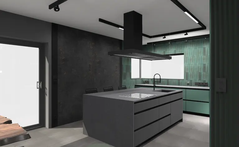 Wnętrze kuchni z ciemnymi meblami i zielonymi ścianami, nowoczesny design.