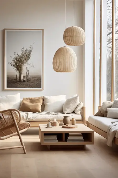 Salon z minimalistycznym wystrojem, jasnymi meblami i drewnianymi detalami.