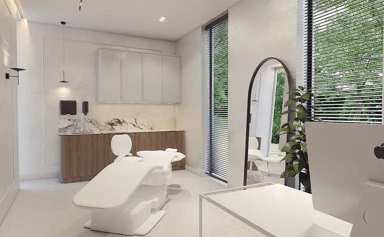 Gabinet w stylu minimalistycznym i nowoczesnym z białymi meblami i drewnianymi detalami.