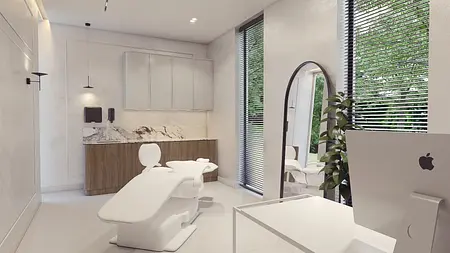 Gabinet w stylu minimalistycznym i nowoczesnym z białymi meblami i drewnianymi detalami.