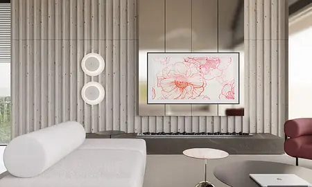 Nowoczesny salon z minimalistycznym wystrojem, szarymi ścianami i eleganckimi meblami.