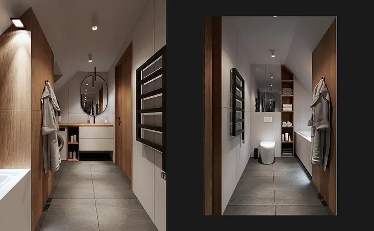 Nowoczesna łazienka w stylu skandynawskim i minimalistycznym z eklektycznymi detalami.