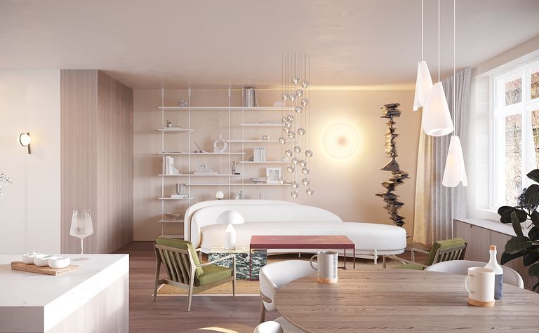 Wnętrze salonu w stylu eklektycznym, minimalistycznym, nowoczesnym i skandynawskim z białą sofą.