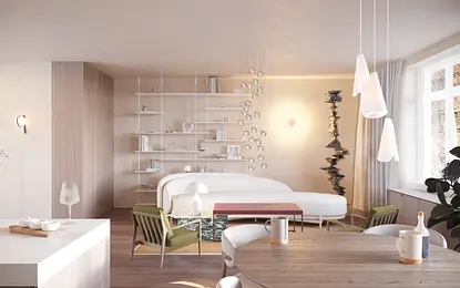 Wnętrze salonu w stylu eklektycznym, minimalistycznym, nowoczesnym i skandynawskim z białą sofą.