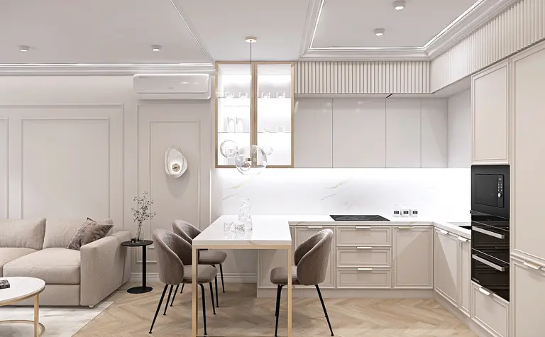 Wnętrze kuchni w stylu minimaluxe z białymi meblami i akcentami quiet luxury.