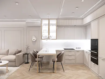 Wnętrze kuchni w stylu minimaluxe z białymi meblami i akcentami quiet luxury.