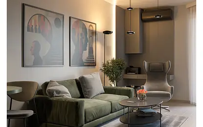 Wnętrze salonu industrialnego z zieloną sofą, nowoczesnymi obrazami i minimalistycznym oświetleniem.