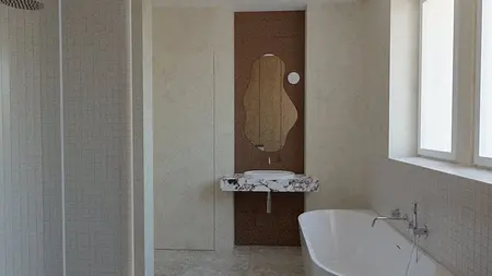 Wnętrze łazienki w stylu minimalistycznym z marmurową umywalką i wanną.