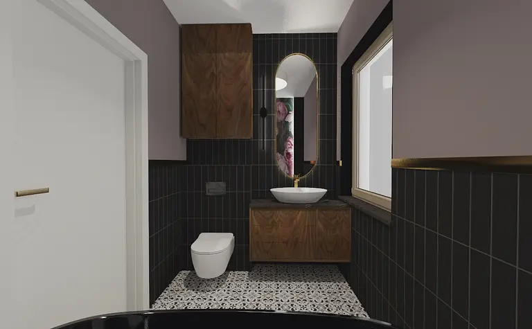 Wnętrze łazienki z drewnianymi meblami i czarnymi akcentami, styl eklektyczny.