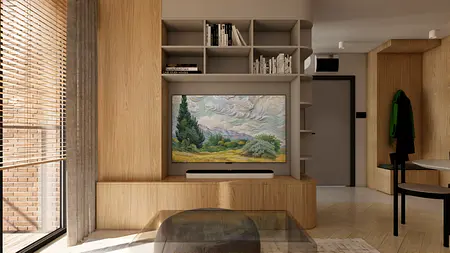 Salon w stylu skandynawskim z półkami, telewizorem i drewnianymi detalami