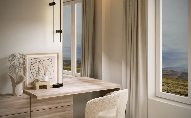 Wnętrze gabinetu z minimalistycznym biurkiem i nowoczesnymi zasłonami.