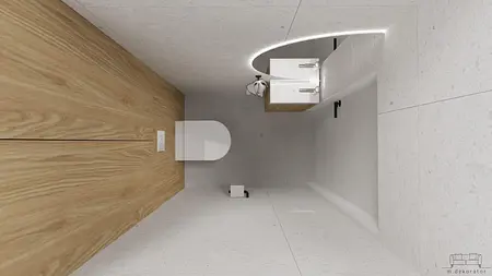 Minimalistyczna toaleta w stylu japandi z białymi płytkami i drewnianymi akcentami.