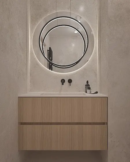 Wnętrze łazienki z drewnianą szafką i okrągłym lustrem, styl boho, japandi, minimalistyczny.