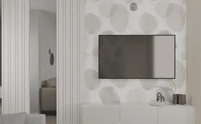 Wnętrze salonu w stylu eklektycznym i minimalistycznym z białymi i szarymi elementami.