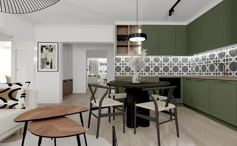 Wnętrze kuchni w stylu art deco z zielonymi meblami i dekoracyjną ścianą.