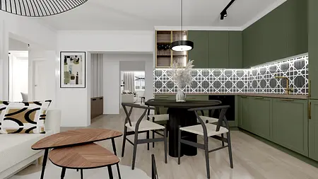 Wnętrze kuchni w stylu art deco z zielonymi meblami i dekoracyjną ścianą.