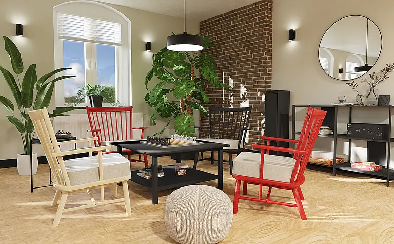 Wnętrze salonu w stylu boho z roślinami i nowoczesnymi meblami.