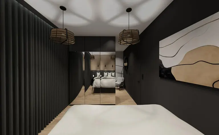 Wnętrze sypialni w stylu industrialnym, minimalistycznym i nowoczesnym z lustrami i oświetleniem.