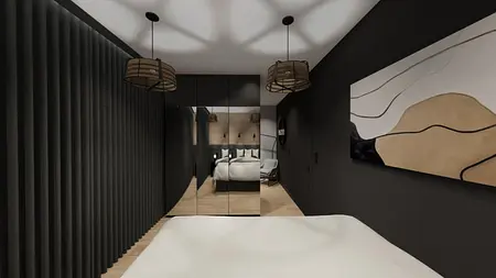 Wnętrze sypialni w stylu industrialnym, minimalistycznym i nowoczesnym z lustrami i oświetleniem.