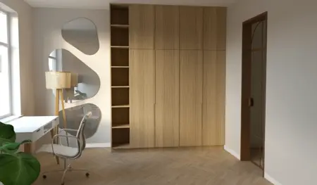 Garderoba z drewnianymi meblami, lampą i lustrem w stylu industrialnym i nowoczesnym.