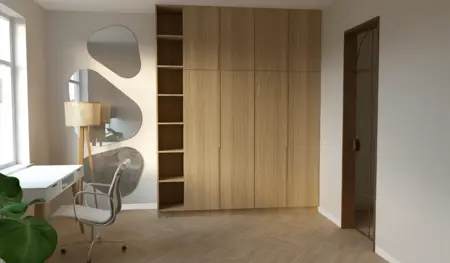 Garderoba z drewnianymi meblami, lampą i lustrem w stylu industrialnym i nowoczesnym.
