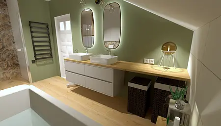 Współczesna łazienka z zielonymi ścianami, drewnianym blatem i nowoczesnymi umywalkami.