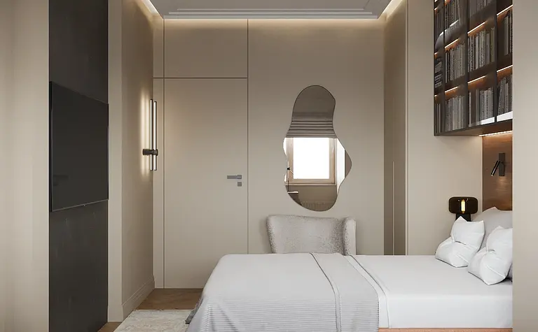 Sypialnia w stylu minimalistycznym z beżowym łóżkiem i nowoczesnymi detalami.