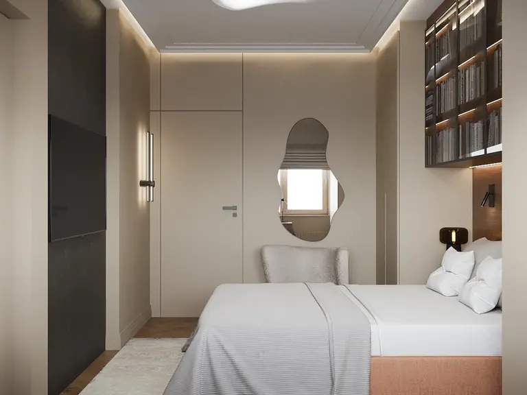 Sypialnia w stylu minimalistycznym z beżowym łóżkiem i nowoczesnymi detalami.