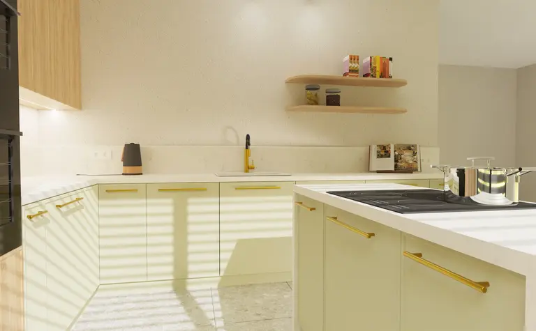 Nowoczesna kuchnia z jasnymi meblami i drewnianymi detalami, współczesny design.
