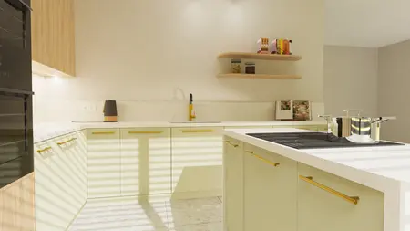 Nowoczesna kuchnia z jasnymi meblami i drewnianymi detalami, współczesny design.