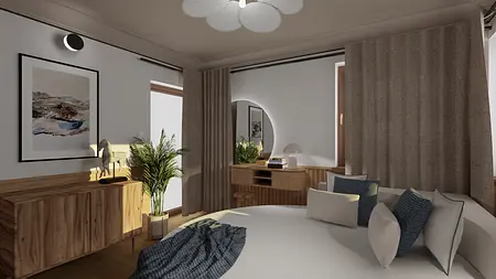 Wnętrze sypialni w stylu eklektycznym z elementami rustykalnymi, japandi i quiet luxury.
